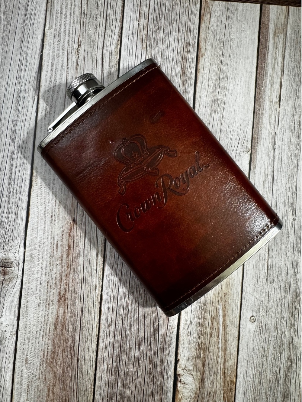 Crown Royal 8 oz Hip Flask Brown Faux Leather Wrapped Stainless Steel